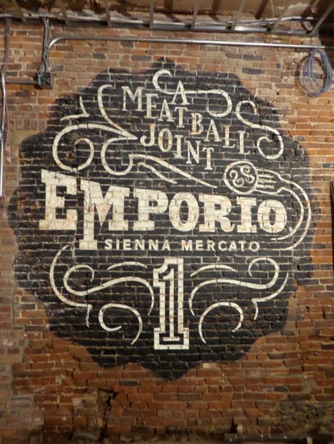 Emporio Painted Ghost, Wall Signage, Faux Brick Walls, Brick Art, Building Signs, Mugs Design, Ghost Signs, Wall Murals Painted, Sign Writing