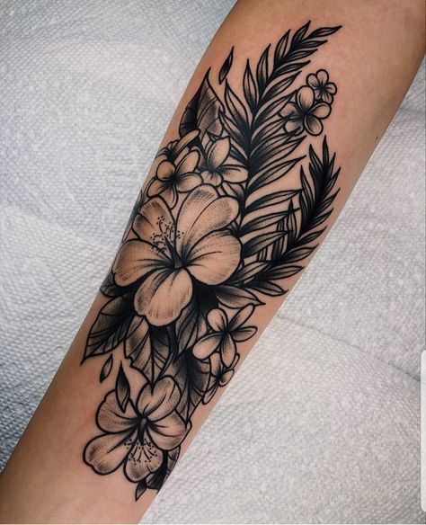 Small Word Cover Up Tattoo, Delicate Cover Up Tattoo, Cover Up Tattoos Arm Woman, Forarm Coverups Tattoos Women, Hibiscus Arm Tattoos For Women, Hibiscus Sleeve Tattoo For Women, Orchid Bouquet Tattoo, Floral Back Tattoo Women Cover Up, Hibiscus Half Sleeve Tattoo