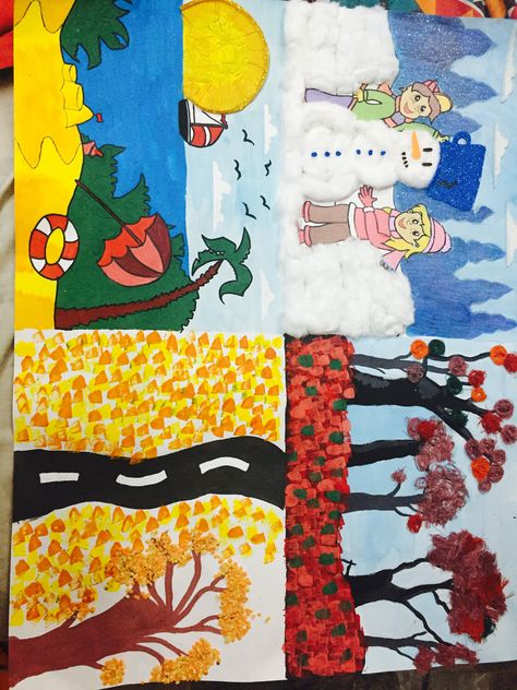 Seasons collage by using different waste materials like cotton in winter season, a broken CD makes the perfect sun in summer, beautiful thread flowers of spring and grains for autumn tree… Winter Season Chart For Preschool, Hindi Project, Thread Flowers, Seasons Chart, Science Chart, Birthday Room, School Murals, Unicorns And Mermaids, Autumn Tree