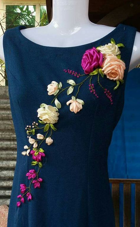 Making simple dress unique #simpledressesmaking Tutorial Sulaman Pita, Silk Ribbon Embroidery Tutorial, Sulaman Pita, Silk Ribbon Embroidery Patterns, Ribbon Embroidery Kit, Ribbon Embroidery Tutorial, Dress With Flowers, Dress Unique, Embroidery Neck Designs