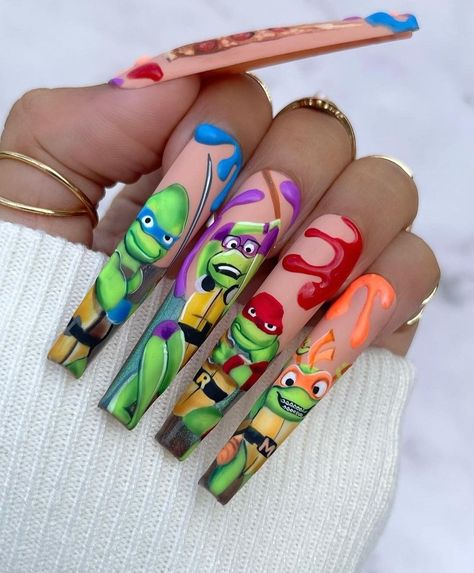 Ninja turtles 🐢💚💅 Ninja Turtle Nails, Turtle Nails, Funky Nail Designs, Crazy Nail Art, Nails Designer, Nails Arts, Pink Gel Nails, Nail Salon Design, Nail Art For Beginners