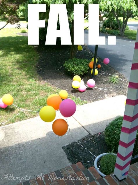 Balloon Walkway, 40 Balloons, Front Walkway, Helium Tank, Tissue Paper Pom Poms, Yellow Balloons, Paper Pom Poms, Windy Day, Party Guests