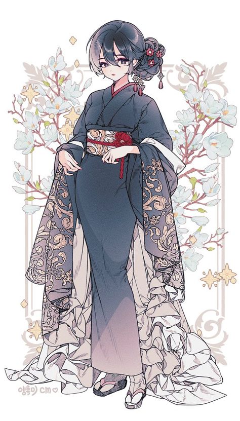 Anime Kimono Design, Anime Kimono, Fashion Drawing Sketches, Kimono Design, Japanese Characters, Anime Shadow, Anime Drawings Tutorials, Book Art Drawings, Anime Outfits