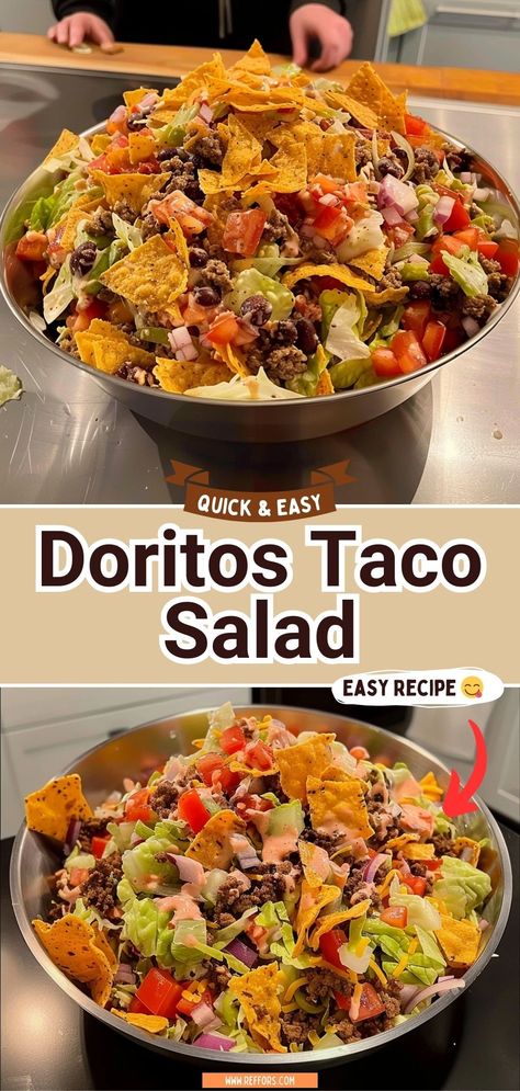 Enjoy a fun twist on taco night with this Doritos Taco Salad! It combines crisp lettuce, juicy tomatoes, seasoned beef, and cheddar cheese, all topped with crushed Doritos for that extra crunch. It's simple, satisfying, and perfect for a quick, flavorful meal. #TacoSalad #DoritosDelight #QuickMeals Salads Recipes For Potluck, Easy Salad For Dinner, Weight Watchers Doritos Taco Salad, Salad With Shredded Lettuce, Easy Potluck Dinner Ideas, Salads Recipes For Dinner Easy, Taco Salad In A Bag Doritos, Ww Dorito Taco Salad, Ww Doritos Taco Salad