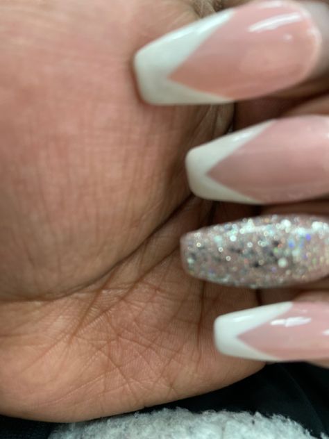 French tip design and sparkles on ring finger Nails Acrylic French Tip Sparkle Ring Finger, French Nails With Glitter Ring Finger, Acrylics Nails, Ring Finger Nails, French Tip Design, Glitter French Tips, Glitter Ring, Sparkly Ring, French Tips