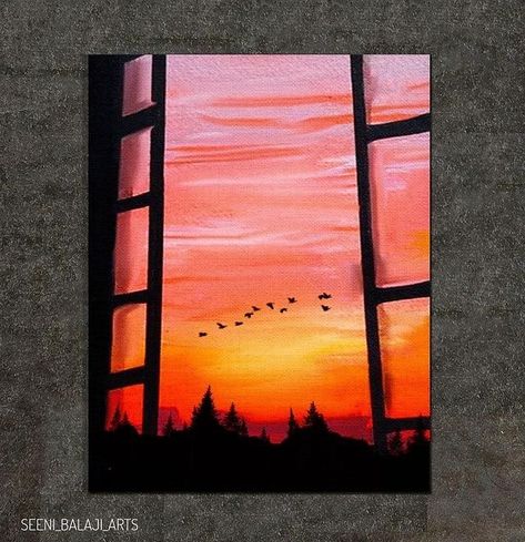 Double Painting Canvas, Triple Canvas Painting Ideas, Easy Paintings For Big Canvases, Simple Painting Landscape, Cute Sunset Paintings, Double Canvas Painting, Double Canvas Painting Ideas, Big Canvas Painting Ideas, Sunset Paintings