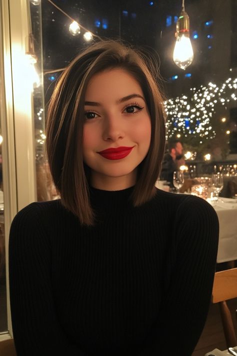 Woman in a black turtleneck smiling in a warmly lit restaurant with string lights in the background. Layered Bob Hairstyles Straight, Layered Lob Straight, Stepped Bob, Short Neck Hairstyles, Bob Hairstyles Women, Sleek Bob Haircut, Bob With Side Part, Sleek Lob, Textured Lobs