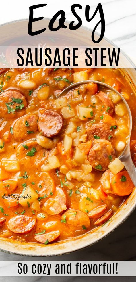 Italian Sausage Stew Crockpot, Crockpot Recipes Andouille Sausage, Sausage Recipes In Crockpot, Farmer Sausage Soup Recipes, Italian Sausage Stew Recipes, Meals With Link Sausage, Vegetable Soup With Sausage, Kielbasa Sausage Soup, Vegan Sausage Stew