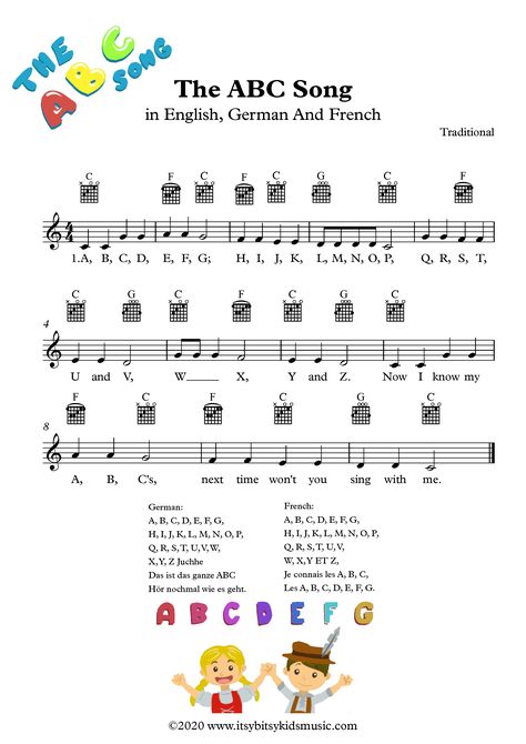 The ABC Song Sheet Music With Chords And Lyrics | Itsy Bitsy Kids Music Preschool Ukulele Songs, Abc Song, Learning Music Notes, Easy Ukulele Songs, Letter Song, Song Notes, Abc Songs, Basic Guitar Lessons, Kindergarten Songs