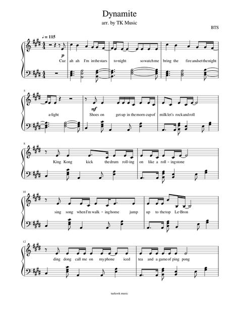 Download and print in PDF or MIDI free sheet music for Dynamite by BTS arranged by Taekook music for Piano (Solo) Kpop Clarinet Sheet Music, Kpop Sheet Music, Kpop Piano Sheet Music, Pop Piano Sheet Music, Marimba Music, Violin Notes, Piano Songs Sheet Music, Sheet Music With Letters, Fiddle Music