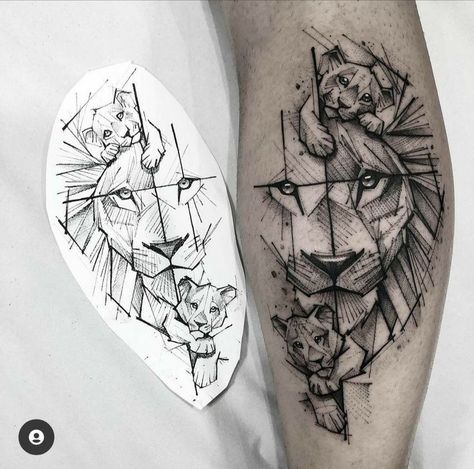 Lion And Family Tattoo, Lion Family Tattoo For Women, Animal Family Tattoo, Geometric Lion Tattoo Design, Leones Tattoo, Lion Family Tattoo, Father Tattoo Ideas, Family Tattoos For Men, Geometric Lion Tattoo