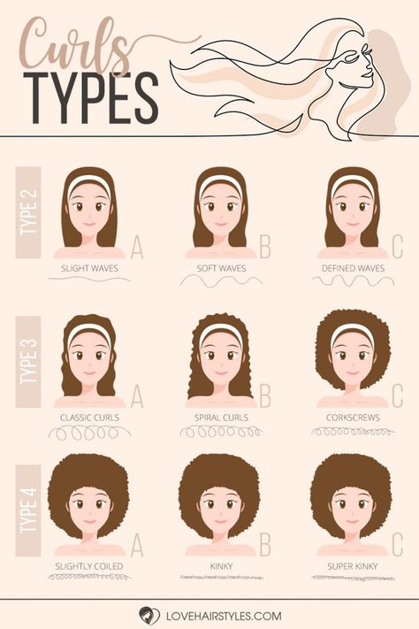 Discover All Curls Types To Take Care Of Yours Properly How To Find Out Your Hair Type, Types Of Curly Hair, Hair Type Chart, Girly Essentials, Girl Hacks, Curl Types, Hair School, Haircut Types, Curly Hair Types