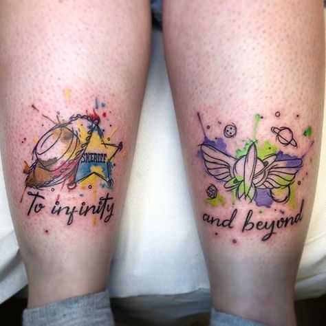 Disney Pixar Tattoos Sleeve, Toy Story Best Friend Tattoos, Best Friends Disney Tattoos, Toy Story Tattoo Ideas Best Friends, Matching Toy Story Tattoos, Matching Nerd Tattoos, Couples Disney Tattoos, Disney Sibling Tattoos, Nerdy Matching Tattoos