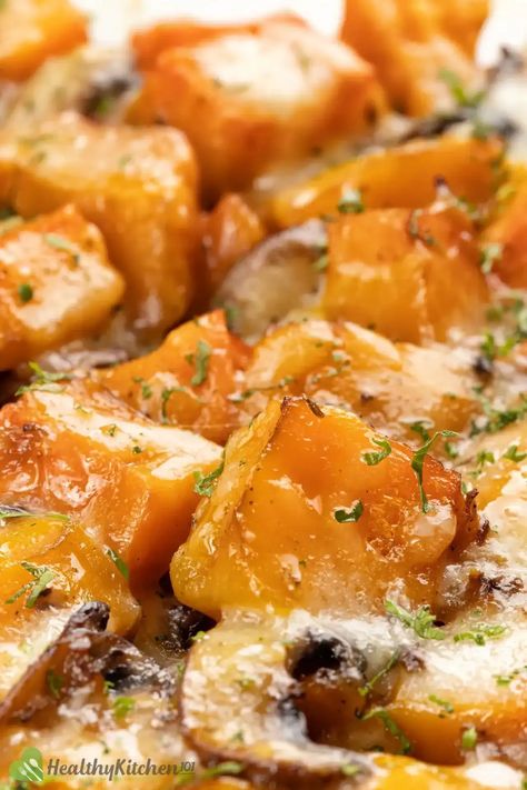 Healthy Butternut Squash Casserole Recipe with Savory Mushrooms Butternut Squash Casserole Recipes, Recipe Butternut Squash, Butternut Squash Casserole, Butternut Recipes, Healthy Butternut Squash, Healthy Pies, Hamburger Casseroles Recipes, Baked Butternut Squash, Squash Casserole Recipes