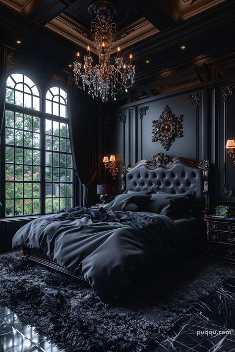 Black Bedroom Ideas for a Modern and Cozy Space - Puqqu Luxury Gothic Bedroom, Dark Gothic Bedroom, Black Gothic Bedroom, Moody Mansion, Vampire Bedroom, Modern Luxury Bedroom Design, Gothic Bedroom Ideas, Dark Cozy Bedroom, Gothic Room