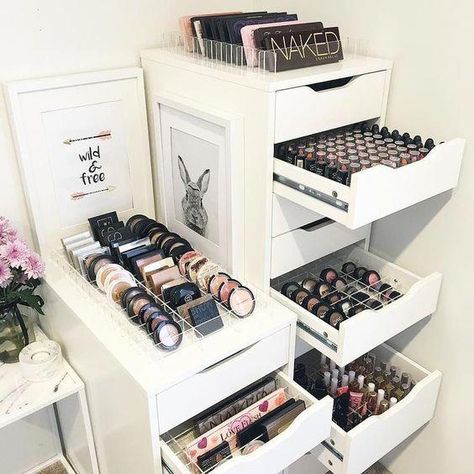 Genius Ikea Hacks For Organizing Your Makeup #makeup Makeup Organization Ikea, Makeup Room Diy, Organized Makeup, Diy Makeup Organizer, Organization Vanity, Makeup Collection Storage, Rangement Makeup, Ikea Alex Drawers, Hack Ikea