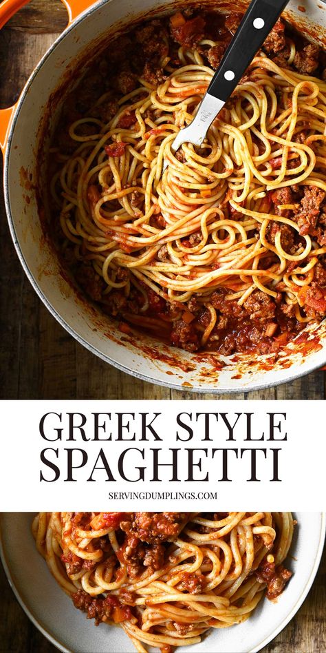 Greek Style Spaghetti, Greek Pasta Recipes, Greek Spaghetti Recipe, Mediterranean Spaghetti, Serving Dumplings, Greek Spaghetti, Cucumber Feta Salad, Greek Recipes Authentic, Cultural Food