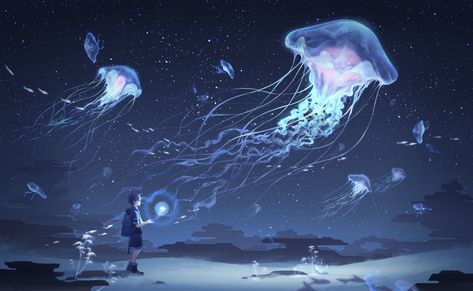 Anime Original Jellyfish Short Hair Black Hair Wallpaper Jellyfish, Floating, Stars, Anime, Blue