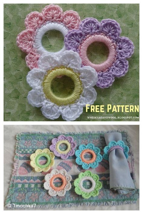 Knit Napkin Rings, Crochet Christmas Napkin Rings Free Pattern, Crochet Napkin Rings Pattern Free, Crochet Napkin Rings, Crochet Ring Patterns, Easter Napkins Rings, Crochet Decorations, Ring Crochet, Crochet Hairband