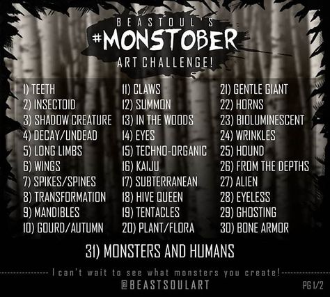 BeastSoul on Instagram: “Here's my #Monstober/#Monstober2020 list! 🖤 I can't wait to start this challenge, everyone is free to join me and spread that monster…” Sketchbook Ideas Inspiration, Monster List, Shadow Creatures, 30 Day Art Challenge, 30 Day Drawing Challenge, October Art, Monster Drawing, Creative Drawing Prompts, Drawing Prompt