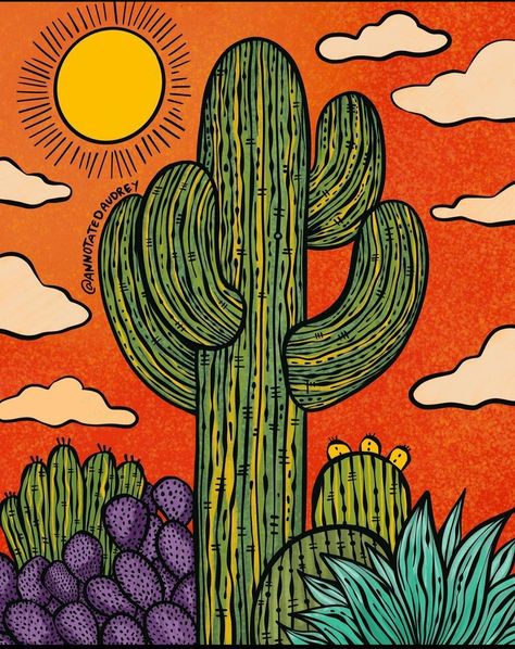 Colorful Desert, Cactus Paintings, Stickers Art, Southwestern Art, Desert Art, Desert Painting, Cactus Art, Southwest Art, Desert Landscape