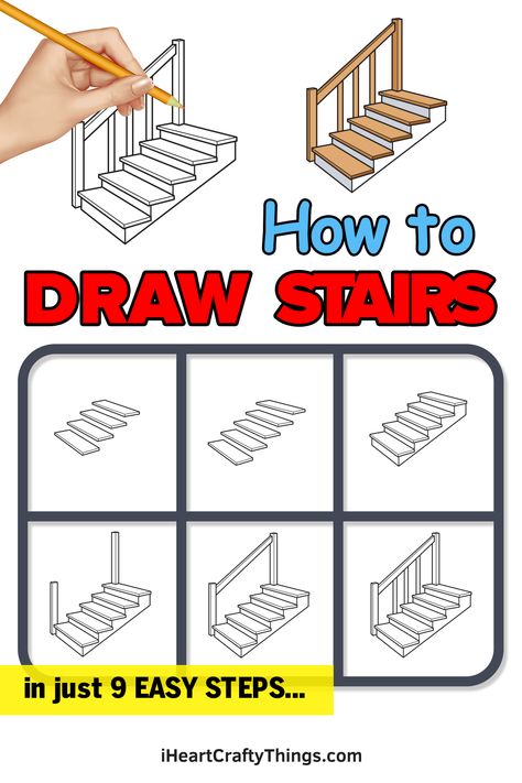 Drawing Stairs, Stairs Drawing, English Drawing, How To Draw Stairs, Drawing Lessons For Kids, How To Draw Steps, Drawing Cartoon Faces, Draw Easy, Drawing Tutorials For Beginners