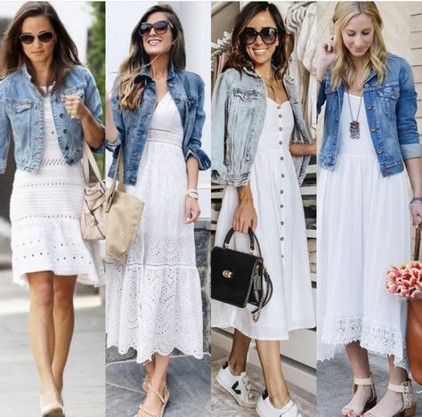 White Dress With Denim Jacket, Dress With Denim Jacket, Spring Summer Capsule Wardrobe, Chique Outfit, Denim Jacket Outfit, Cute Modest Outfits, Wardrobe Style, Denim Jackets, Classic Outfits