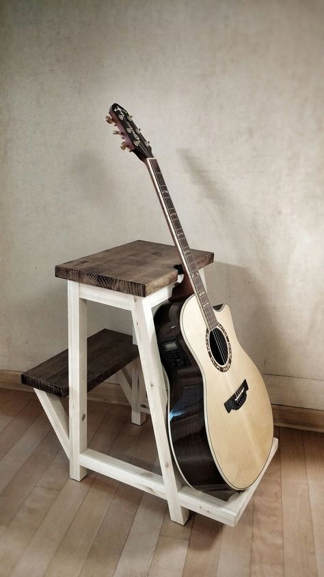 Diy Guitar Stand, Guitar Chair, Guitar Stool, Guitar Hangers, Wood Guitar Stand, Wooden Guitar Stand, Music Furniture, Guitar Storage, Home Music Rooms