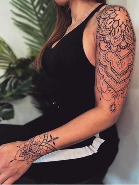 Lacy Arm Tattoo, Paisley Arm Tattoo, Mandala Tattoo Shoulder Woman, Upper Arm Mandala Tattoos For Women, Mandela Shoulder Tattoo, Mandala Tattoo Upper Arm, Lace Mandala Tattoo Arm, Mandala Bicep Tattoo, Shoulder And Arm Tattoos For Women