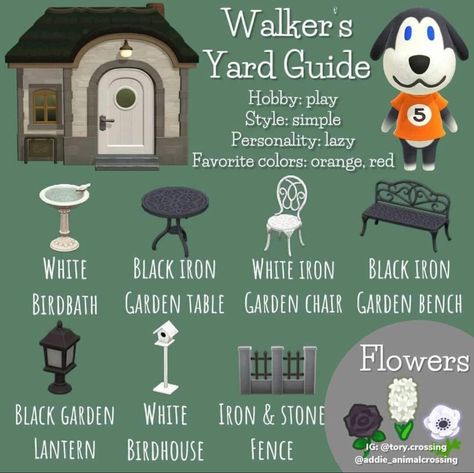 Walker’s yard guide #animalcrossing #animalcrossingnewhorizons #acnh #yardguide #acnhyardguide Anch Ideas, Acnh Yard, Acnh Villagers, Walker House, Character Guide, Acnh Patterns, Animal Crossing Guide, Stone Lantern, Bird Bath Garden