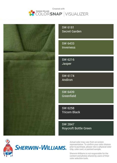 I just created this color palette with the Sherwin-Williams ColorSnap® Visualizer app on my Android phone. What do you think? You can learn more about ColorSnap Visualizer and get it on your phone free by visiting http://getcolorsnap.com. Sherwin Williams Inverness Green, Inverness Sherwin Williams, Sherwin Williams Inverness, Sherwin Williams Color Schemes, Bronze Green, Green Color Schemes, Camper Living, Sherwin Williams Paint Colors, Green Bedroom