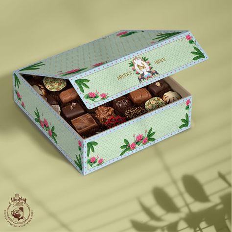 Personalized chocolate box, wedding stationery Indian Sweet Box Design, Mithai Boxes Wedding, Chocolate Mithai, Baat Pakki, Indian Mithai, Mithai Boxes, Sweet Box Design, Wedding Chocolate, Wedding Gifts Packaging