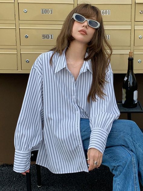 Striped Relaxed Long Sleeve Collared Women Shirt White Casual  Long Sleeve Woven Fabric Striped Shirt Non-Stretch Spring/Fall Women Clothing, size features are:Bust: ,Length: ,Sleeve Length: Outfits Con Camisa, Workwear Trousers, White Casual, Striped Shirt, All Fashion, Women Clothing, Fashion Inspiration, Womens Tees, Blouses For Women