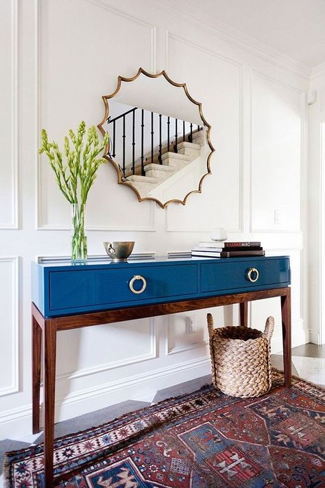 colorful foyer design — via @TheFoxandShe Blue Console Table, Entry Table Decor, High Gloss Furniture, Modern Entry, Lacquer Furniture, Farmhouse Entryway, Entryway Table Decor, Modern Entryway, Entry Tables