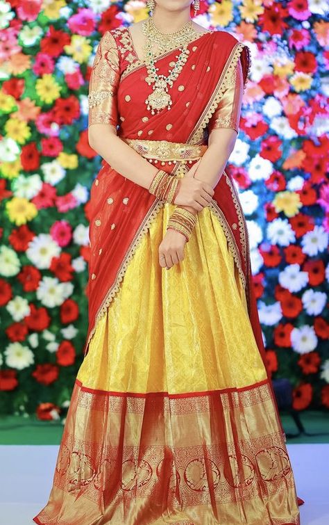 Red And Gold Half Saree, Pattu Langa For Women, Yellow And Red Half Saree, Venkatagiri Pattu Lehanga, Half Sarees Latest Designs Pattu, Pattu Lehenga For Women, Pattu Lehanga Designs Latest For Wedding, Blouse Designs For Pattu Lehenga, Halfsarees Traditional Pattu