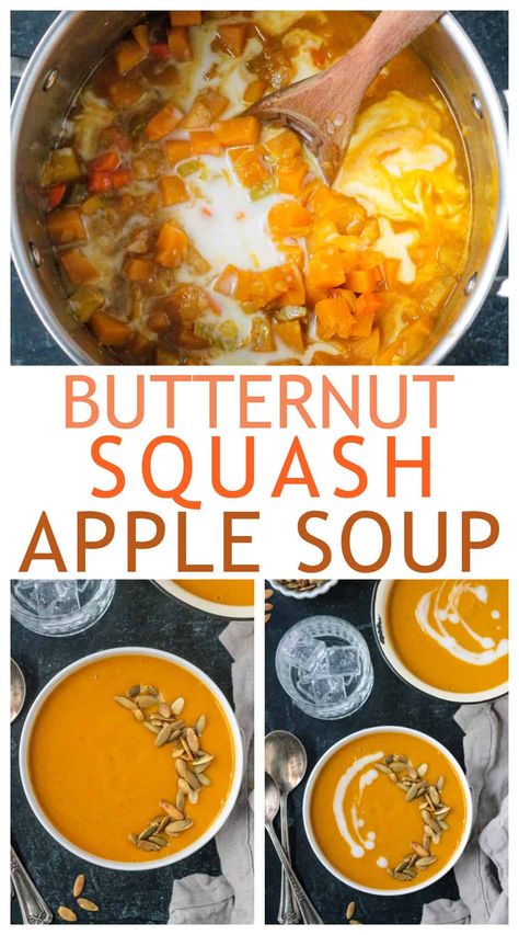 This Butternut Squash Apple Soup is silky smooth and perfectly spiced for the fall season. Reminiscent of Panera's Autumn Squash Soup, but dairy-free and vegan! Great for a cozy weeknight dinner or the starter for your holiday meal. Vegan Butternut Squash Apple Soup, Squash Soup Vegan, Autumn Squash Soup, Panera Autumn Squash Soup, Squash Apple Soup, Butternut Squash Apple Soup, Curry Soup Recipes, Autumn Squash, Vegan Butternut Squash Soup