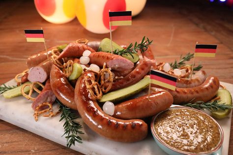 Sausage platter with beer dipping mustard | Mustard recipe | SBS Food Sausage Platter Presentation, Eurovision Party Food, Sausage Platter, Bday Food, Eurovision Party, Appetizers Ideas, Homemade Mustard, October Fest, Macedonian Food