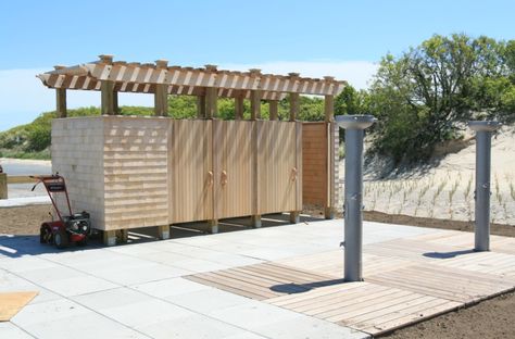 Horseneck Beach changing stalls Beach Changing Room, Beach Kiosk Design, Changing Room, Pool Area, Pergola, Outdoor Structures, Camping, Pool