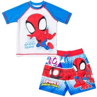 Come join Spidey and the Marvel Comics superheroes on their exciting adventures! Dressed in this Spiderman Rash Guard Swim Shirt & Swim Trunks Bathing Suit your kid will team up with Peter Parker and his friends Miles Morales, Gwen Stacey aka Ghost-Spider, the Hulk, Ms. Marvel, and Black Panther to save the day. Your little hero will love to wear this cool and stylish short sleeve swim shirt top and cute and stylish swimming shorts bottoms featuring their favorite animated characters from Spidey Trunks Outfit, Spidey And His Amazing Friends, Ghost Spider, Bathing Suit Shorts, Swim Shirt, Swimming Shorts, Amazing Friends, Ms Marvel, Swim Sets