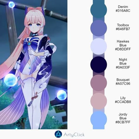 Color Palettes Challenge, Furina Genshin Color Palette, Kokomi Palette, Wanderer Color Palette Genshin, Raiden Shogun Color Palette, Anime Character Color Palette, Kokomi Reference Sheet, Genshin Color Palette, Fig Drawing