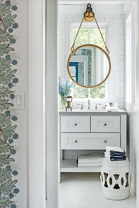 Bathroom Sink With Window Above, Bathroom Vanity Under Window, Bathroom Sink Under Window, Cb2 Mirror, Antique Pulley, Coastal Houses, Southern Living Idea House, Island Homes, Bald Head Island