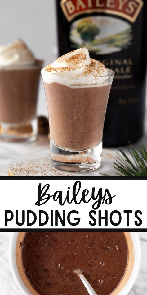 These Baileys Pudding Shots are an easy 4 ingredient recipe that is perfect for making around the holidays. They are made with chocolate pudding and you can easily mix in some Kahlua or vodka. Bailey Jello Shots, Chocolate Kahlua Pudding Shots, Vanilla Pudding Shots With Vodka, Christmas Chocolate Kahlua Pudding Shots, Kalua Baileys Pudding Shots, Chocolate Pudding Jello Shots, Baileys Chocolate Pudding Shots, Baileys Shots Recipes, Bailey Pudding Shots