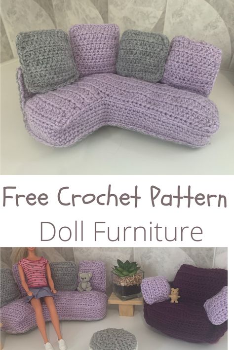 Doll House Crochet Free Pattern, Crochet Barbie Furniture Free Pattern, Crochet For Dollhouse, Crochet Barbie Furniture, Crochet Doll House Furniture, Crochet Doll House Pattern, Crochet Doll House Items, Crochet Doll Furniture, Crochet Doll Furniture Pattern Free