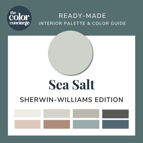 Sherwin-Williams Sea Salt Color Palette Guide | Color Concierge – The Color Concierge Sea Salt Paint Color Scheme, Sw Sea Salt Color Palette, Sea Salt Color Palette, Sea Salt Paint Color, Interior Color Palettes, Coastal Blue Paint, Sea Salt Color, Sw Sea Salt, Salt Paint