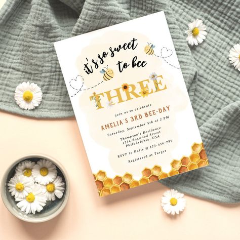 Sweet To Bee One, Third Birthday Invitations, Bee Invitations, Bee Birthday Party, Bee Party, 2nd Birthday Invitations, Bee Birthday, 1st Birthday Invitations, Birthday Invitations Kids