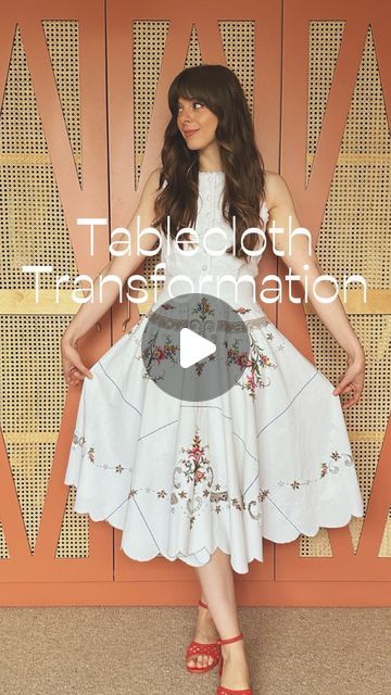 Diy Dress From Tablecloth, Skirt From Tablecloth, Vintage Tablecloth Blouse, Upcycling Tablecloths, Tablecloth Dress Pattern, Upcycle Tablecloth Clothes, Tablecloth Dress Diy, Sewing Transformation, Tablecloth Clothes