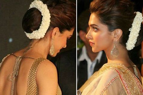 10 Gorgeous Gajra Hairstyles To Dazzle At Your Bestie's Wedding Deepika Padukone Hair, Hairstyle Simple, Brunette Pixie, Bridal Bun, Victory Rolls, Asymmetrical Hairstyles, Fesyen Rambut, Indian Bridal Hairstyles, Popular Haircuts