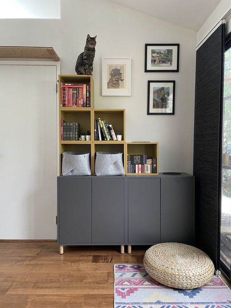 Ikea Lack Cat Shelves, Small Apartment Cat Hacks, Cat Tree Shelves, Ikea Cat Shelves, Catify Small Apartment, Cat Friendly Living Room Ideas, Cat Shelves Living Room, Office Cat Room, Cat Friendly Living Room