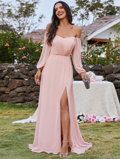 Baby Pink  Collar Long Sleeve Chiffon Plain A Line Embellished Non-Stretch All Weddings & Events Baby Pink Bridesmaid Dresses, Pink Chiffon Bridesmaid Dress For Prom Season, Pink Floor-length Bridesmaid Dress, Pink Floor-length Bridesmaid Dress With Sweep Train, Pink Floor-length Chiffon Dress, Off Shoulder Bridesmaid, Pink Floor-length Chiffon Bridesmaid Dress, Off Shoulder Bridesmaid Dress, Bridesmaid Gown Chiffon