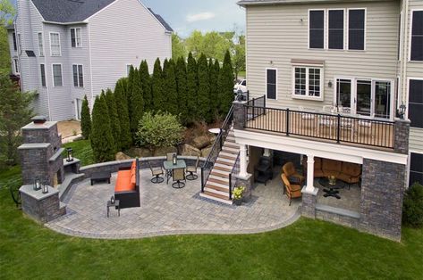 Stair location Under Deck Patio, Deck Seating Area, Large Yard Landscaping, Patio Under Decks, Tv Fireplace, Under Deck, Deck Seating, Beautiful Outdoor Living Spaces, Patio Deck Designs